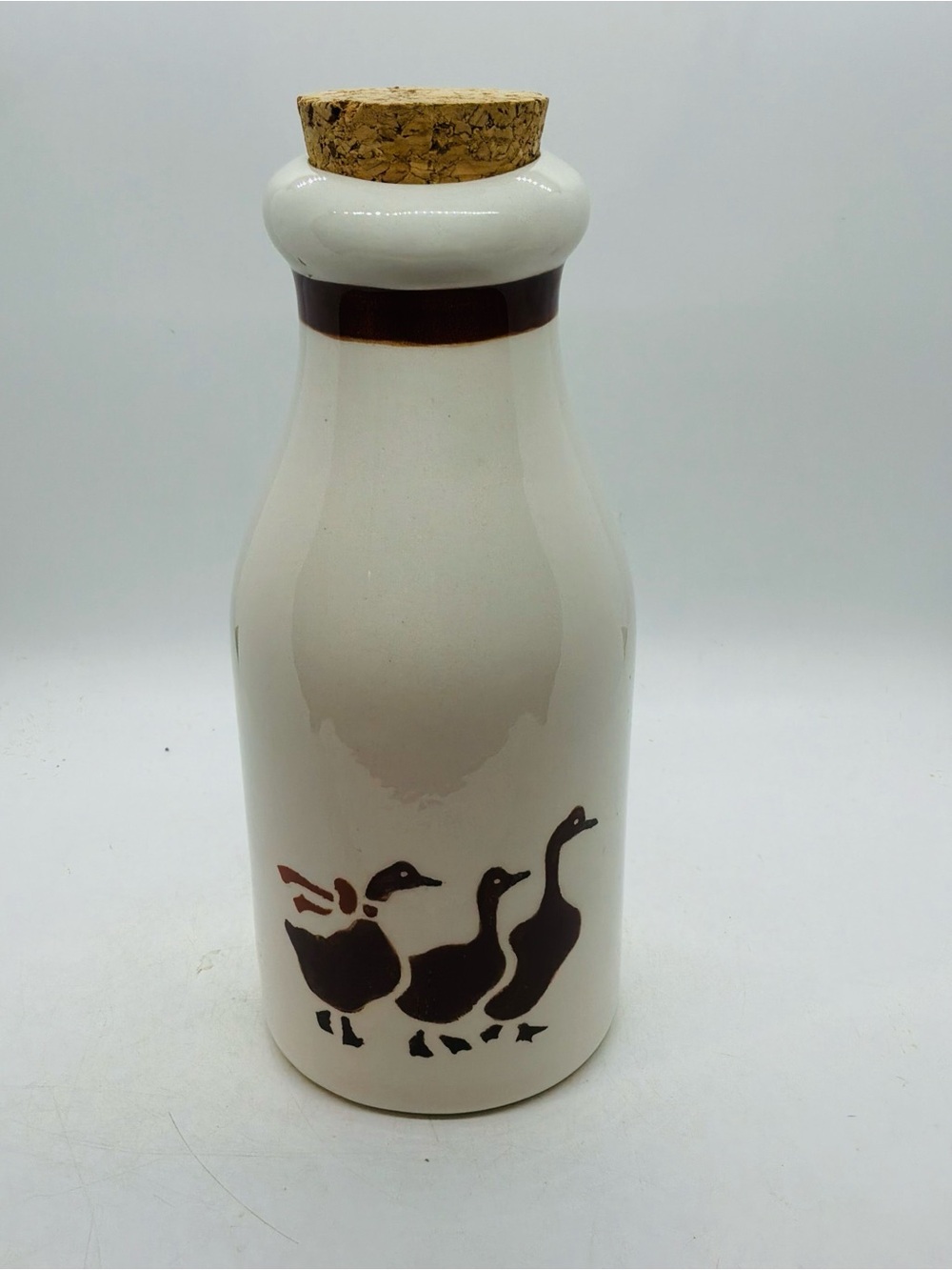 VTG “Four’s A Company” Milk/Juice Bottle, Cork Lid Walking Geese 9”T Farmhouse